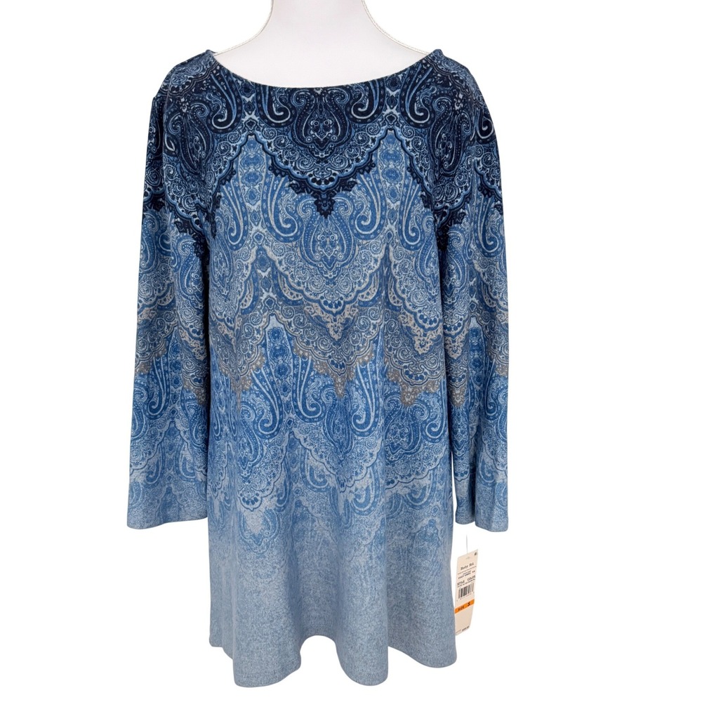 Ruby Rd. Tunic Top Womens Small Blue Paisley Ombre 3/4 Sleeve Boat Neck 14150 KK